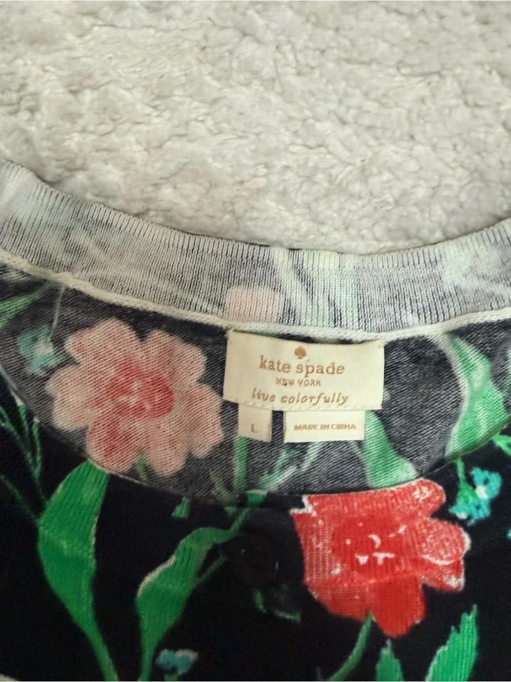Kate Spade Live Colorfully L Floral Hummingbird Cardigan Black Cotton 3/4 Sleeve
